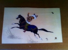 6 Persische Miniaturbilder: gerahmtes Polospiel erste Hälfte 1900