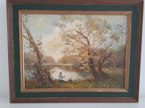 Gemälde Angler am Teich Öl-Malerei signiert