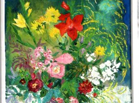Ölgemälde ALENA DOSTALOVA (1932 CSSR), Stilleben mit Sommerblumen um 1960!