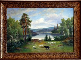 Ölgemälde v. JOHNNY MILLAR (1855), Landschaft mit Schafherde in Schweden 1924!!